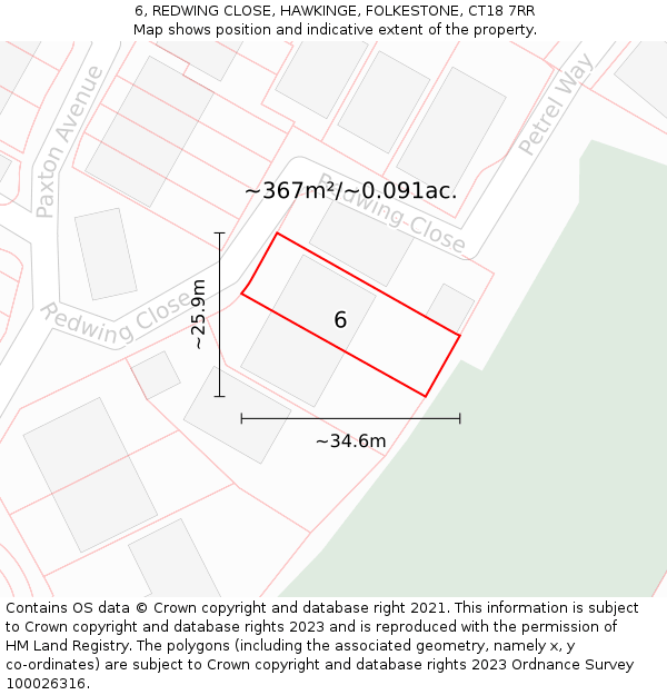 6, REDWING CLOSE, HAWKINGE, FOLKESTONE, CT18 7RR: Plot and title map
