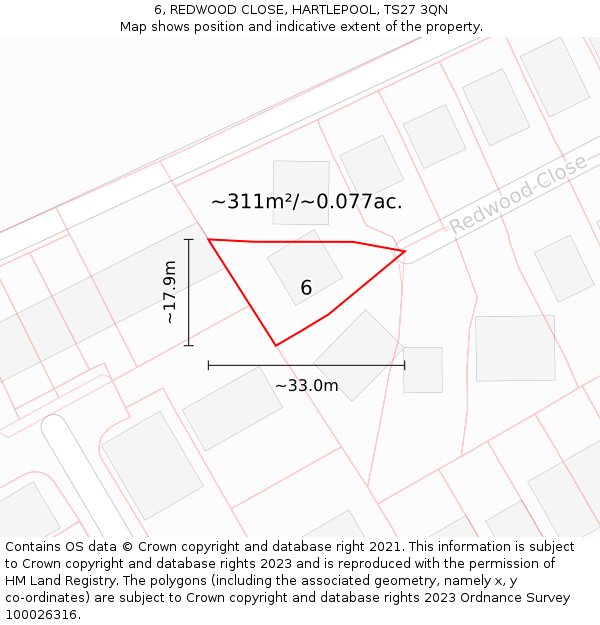 6, REDWOOD CLOSE, HARTLEPOOL, TS27 3QN: Plot and title map