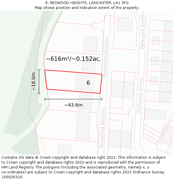 6, REDWOOD HEIGHTS, LANCASTER, LA1 3FG: Plot and title map
