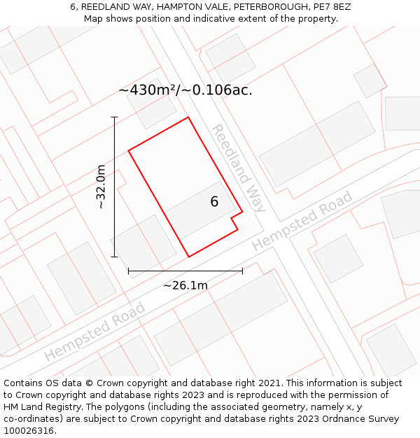 6, REEDLAND WAY, HAMPTON VALE, PETERBOROUGH, PE7 8EZ: Plot and title map