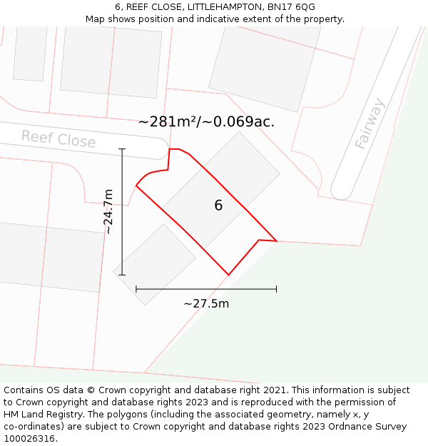 6, REEF CLOSE, LITTLEHAMPTON, BN17 6QG: Plot and title map