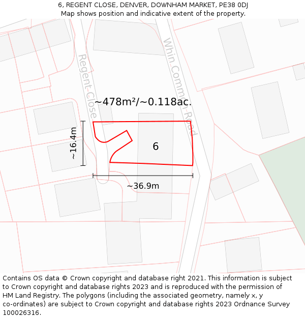 6, REGENT CLOSE, DENVER, DOWNHAM MARKET, PE38 0DJ: Plot and title map