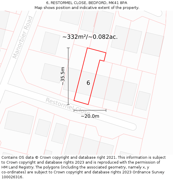 6, RESTORMEL CLOSE, BEDFORD, MK41 8PA: Plot and title map
