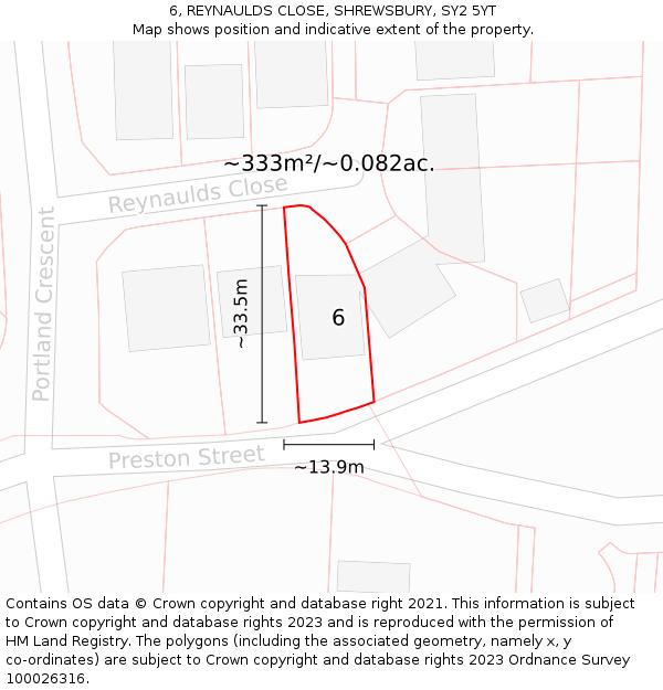 6, REYNAULDS CLOSE, SHREWSBURY, SY2 5YT: Plot and title map