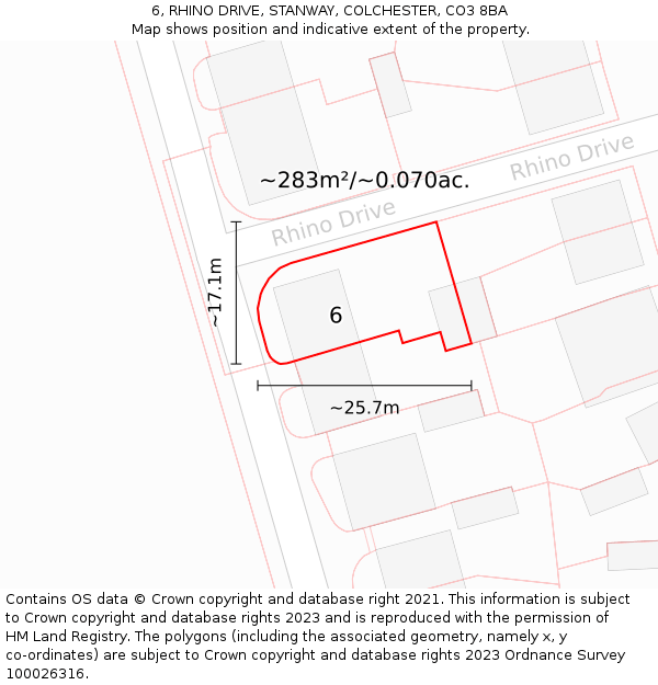 6, RHINO DRIVE, STANWAY, COLCHESTER, CO3 8BA: Plot and title map