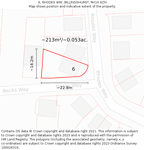 6, RHODES WAY, BILLINGSHURST, RH14 9ZN: Plot and title map