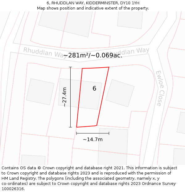 6, RHUDDLAN WAY, KIDDERMINSTER, DY10 1YH: Plot and title map