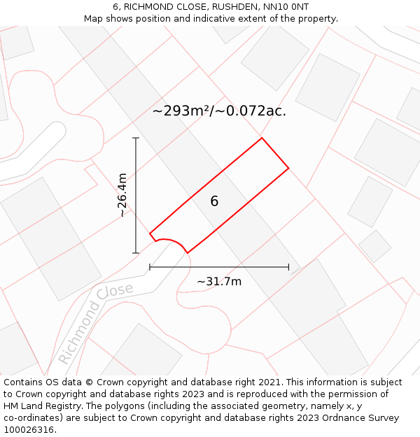 6, RICHMOND CLOSE, RUSHDEN, NN10 0NT: Plot and title map