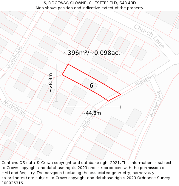 6, RIDGEWAY, CLOWNE, CHESTERFIELD, S43 4BD: Plot and title map