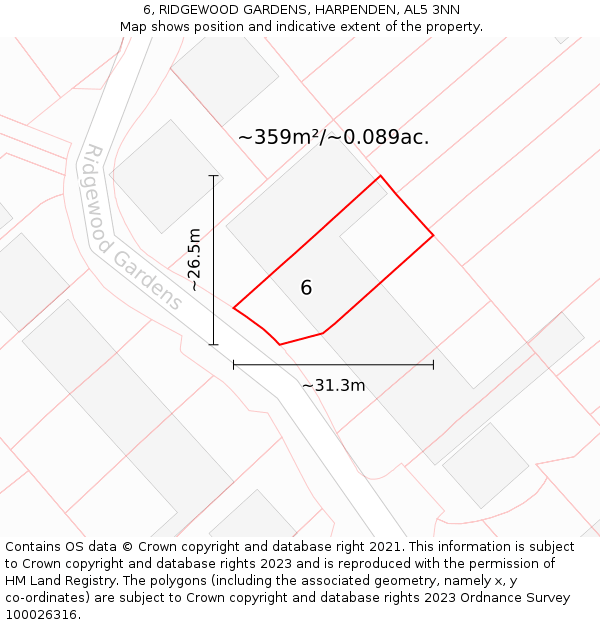 6, RIDGEWOOD GARDENS, HARPENDEN, AL5 3NN: Plot and title map