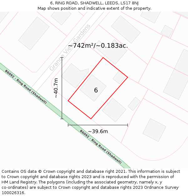 6, RING ROAD, SHADWELL, LEEDS, LS17 8NJ: Plot and title map