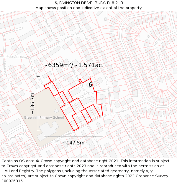 6, RIVINGTON DRIVE, BURY, BL8 2HR: Plot and title map