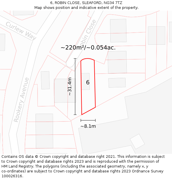 6, ROBIN CLOSE, SLEAFORD, NG34 7TZ: Plot and title map