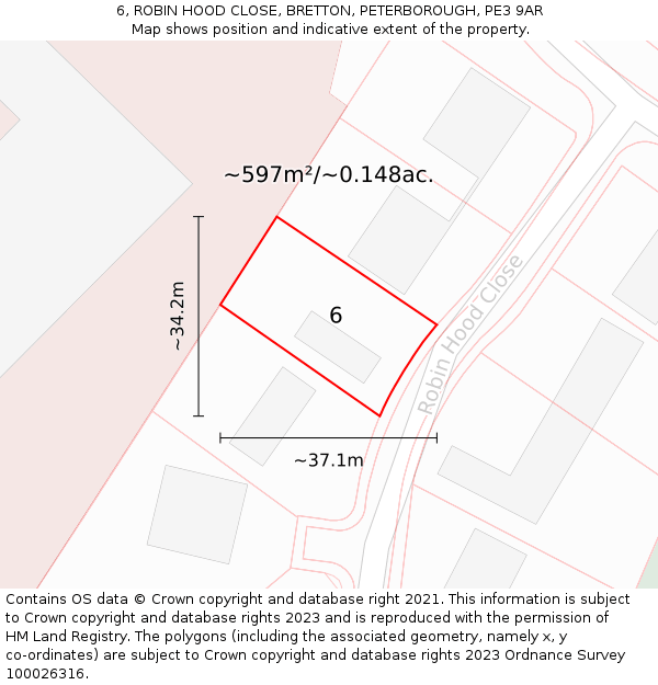 6, ROBIN HOOD CLOSE, BRETTON, PETERBOROUGH, PE3 9AR: Plot and title map