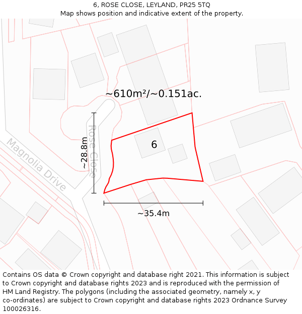 6, ROSE CLOSE, LEYLAND, PR25 5TQ: Plot and title map