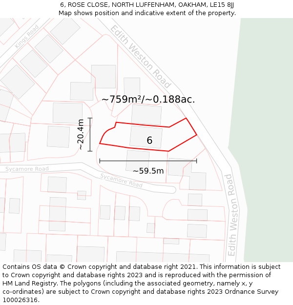 6, ROSE CLOSE, NORTH LUFFENHAM, OAKHAM, LE15 8JJ: Plot and title map