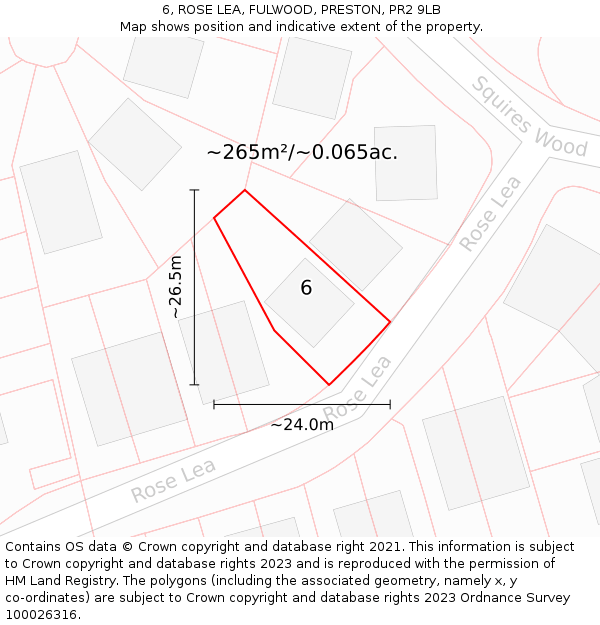 6, ROSE LEA, FULWOOD, PRESTON, PR2 9LB: Plot and title map