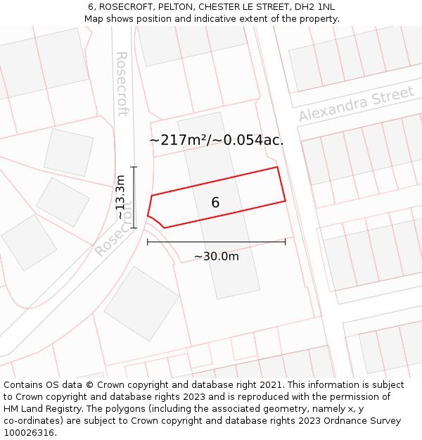 6, ROSECROFT, PELTON, CHESTER LE STREET, DH2 1NL: Plot and title map