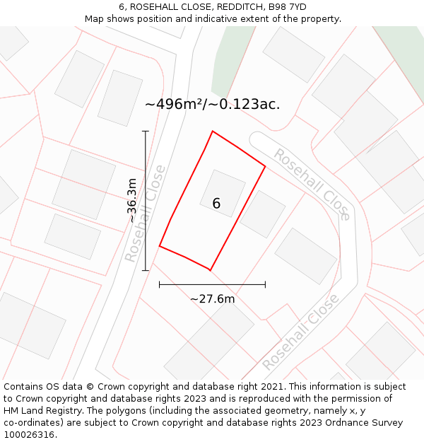 6, ROSEHALL CLOSE, REDDITCH, B98 7YD: Plot and title map