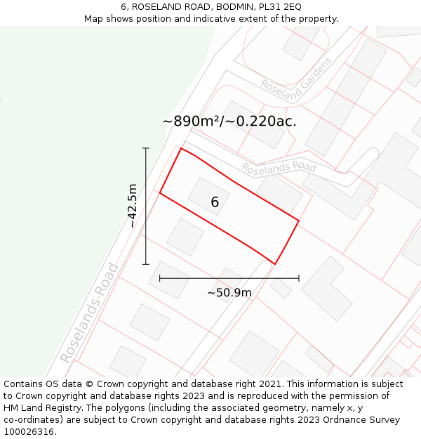 6, ROSELAND ROAD, BODMIN, PL31 2EQ: Plot and title map