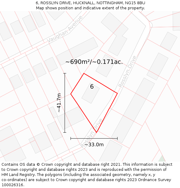 6, ROSSLYN DRIVE, HUCKNALL, NOTTINGHAM, NG15 8BU: Plot and title map
