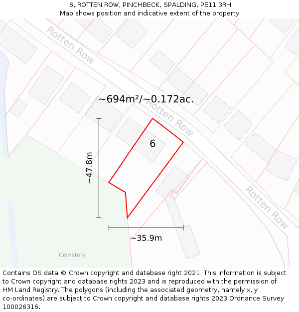 6, ROTTEN ROW, PINCHBECK, SPALDING, PE11 3RH: Plot and title map