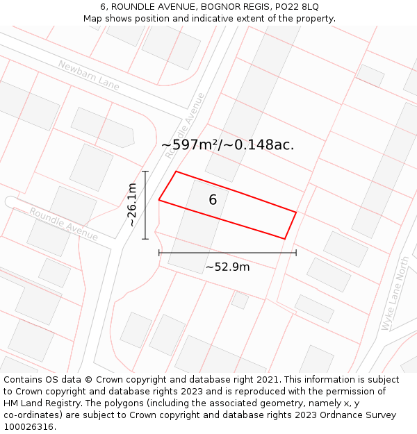 6, ROUNDLE AVENUE, BOGNOR REGIS, PO22 8LQ: Plot and title map