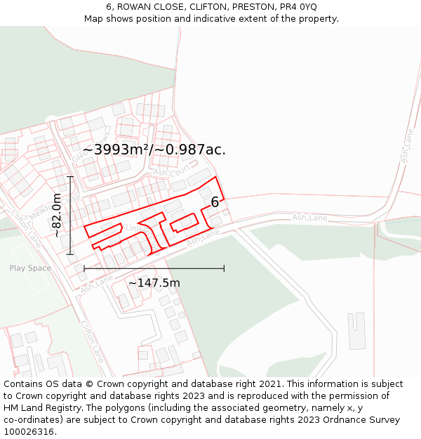 6, ROWAN CLOSE, CLIFTON, PRESTON, PR4 0YQ: Plot and title map