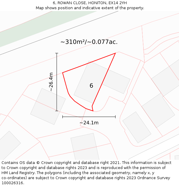 6, ROWAN CLOSE, HONITON, EX14 2YH: Plot and title map