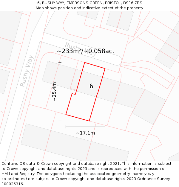 6, RUSHY WAY, EMERSONS GREEN, BRISTOL, BS16 7BS: Plot and title map
