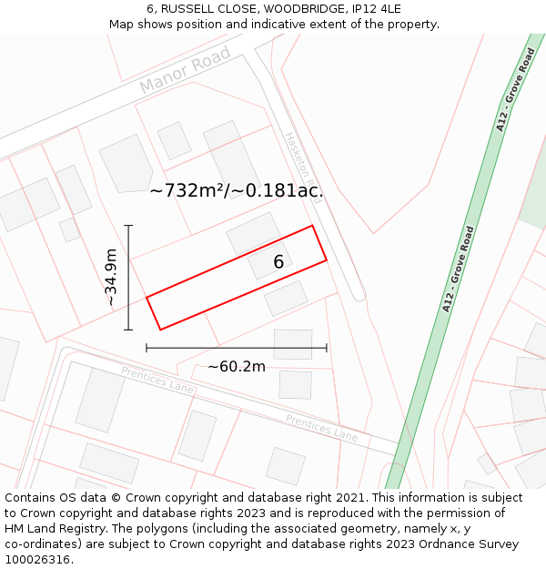 6, RUSSELL CLOSE, WOODBRIDGE, IP12 4LE: Plot and title map