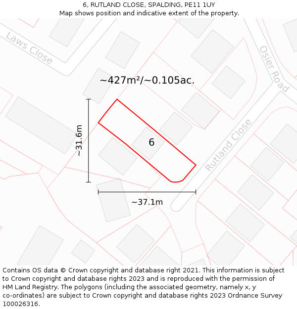 6, RUTLAND CLOSE, SPALDING, PE11 1UY: Plot and title map