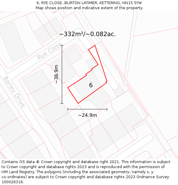 6, RYE CLOSE, BURTON LATIMER, KETTERING, NN15 5YW: Plot and title map