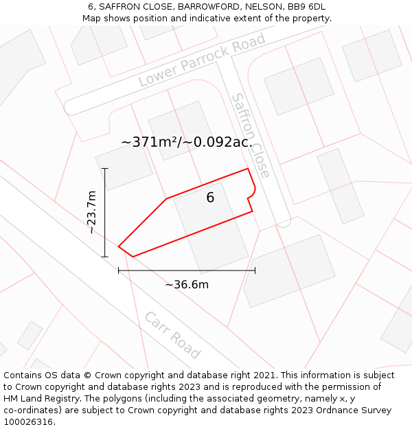 6, SAFFRON CLOSE, BARROWFORD, NELSON, BB9 6DL: Plot and title map