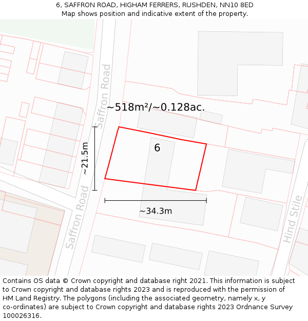 6, SAFFRON ROAD, HIGHAM FERRERS, RUSHDEN, NN10 8ED: Plot and title map