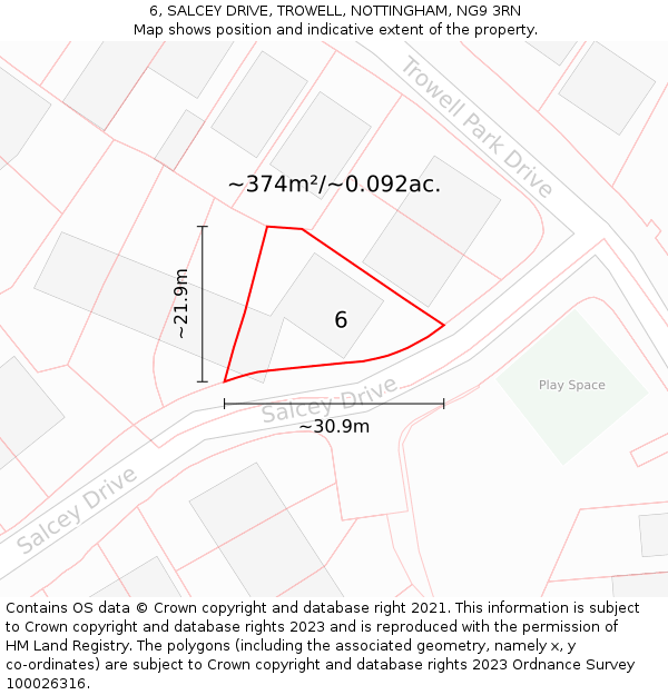 6, SALCEY DRIVE, TROWELL, NOTTINGHAM, NG9 3RN: Plot and title map