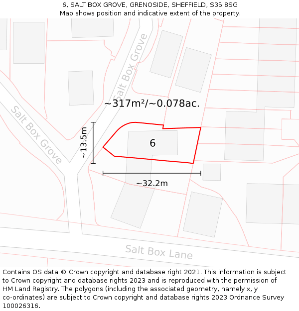 6, SALT BOX GROVE, GRENOSIDE, SHEFFIELD, S35 8SG: Plot and title map