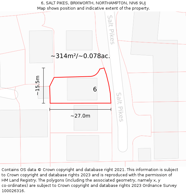 6, SALT PIKES, BRIXWORTH, NORTHAMPTON, NN6 9UJ: Plot and title map
