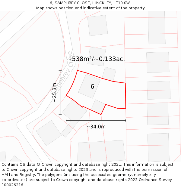 6, SAMPHREY CLOSE, HINCKLEY, LE10 0WL: Plot and title map