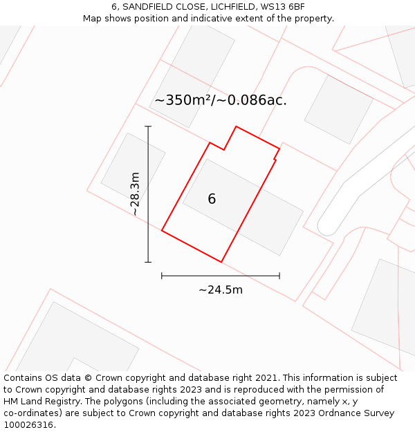 6, SANDFIELD CLOSE, LICHFIELD, WS13 6BF: Plot and title map