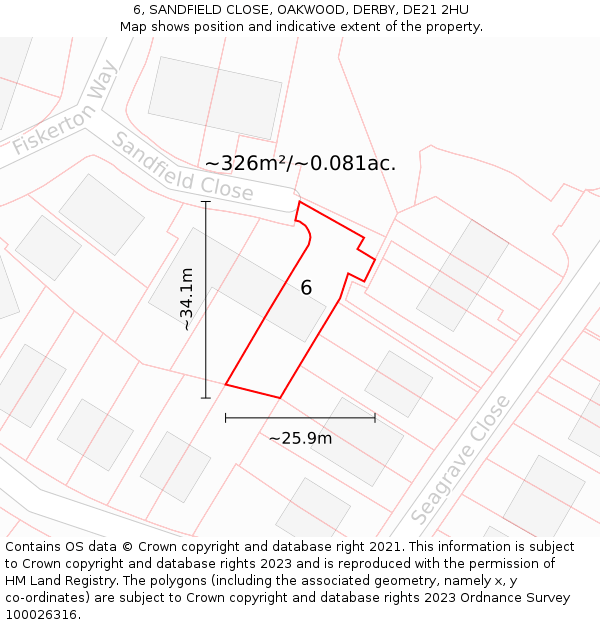 6, SANDFIELD CLOSE, OAKWOOD, DERBY, DE21 2HU: Plot and title map