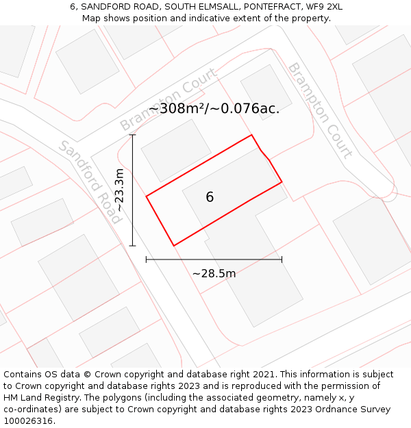 6, SANDFORD ROAD, SOUTH ELMSALL, PONTEFRACT, WF9 2XL: Plot and title map
