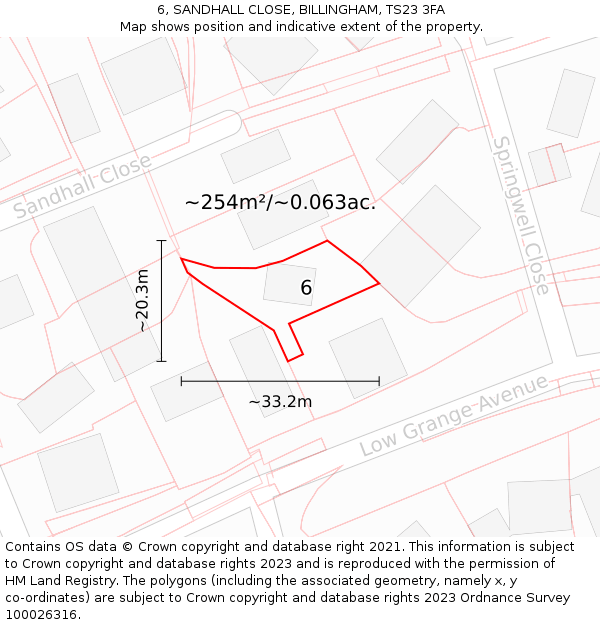 6, SANDHALL CLOSE, BILLINGHAM, TS23 3FA: Plot and title map