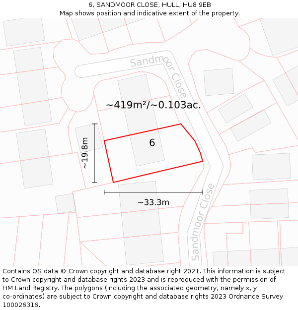6, SANDMOOR CLOSE, HULL, HU8 9EB: Plot and title map