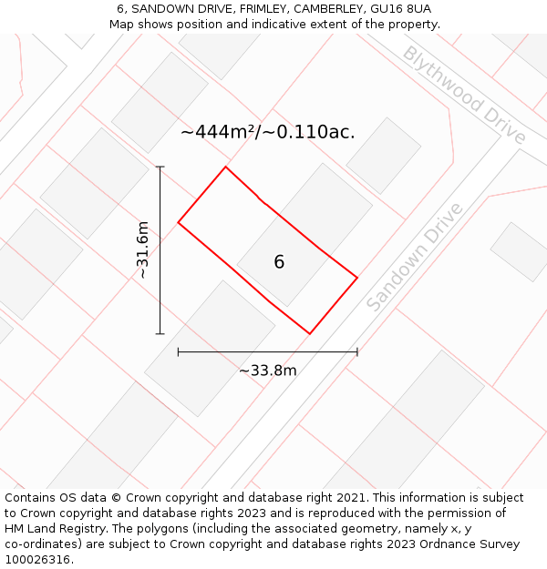 6, SANDOWN DRIVE, FRIMLEY, CAMBERLEY, GU16 8UA: Plot and title map