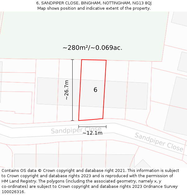 6, SANDPIPER CLOSE, BINGHAM, NOTTINGHAM, NG13 8QJ: Plot and title map