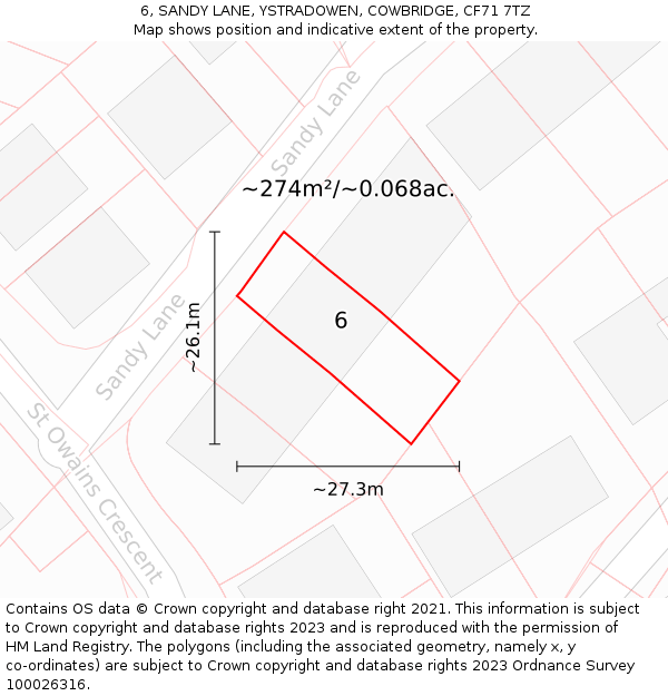 6, SANDY LANE, YSTRADOWEN, COWBRIDGE, CF71 7TZ: Plot and title map