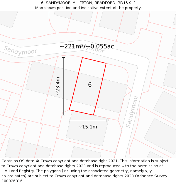 6, SANDYMOOR, ALLERTON, BRADFORD, BD15 9LF: Plot and title map