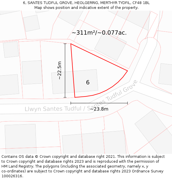 6, SANTES TUDFUL GROVE, HEOLGERRIG, MERTHYR TYDFIL, CF48 1BL: Plot and title map