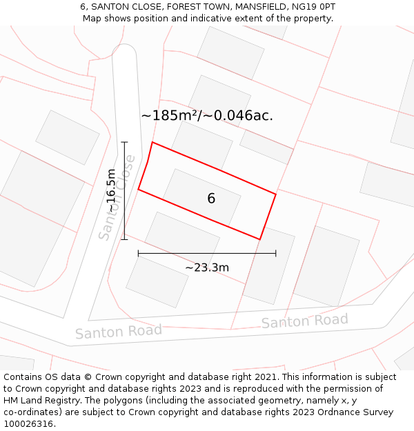 6, SANTON CLOSE, FOREST TOWN, MANSFIELD, NG19 0PT: Plot and title map